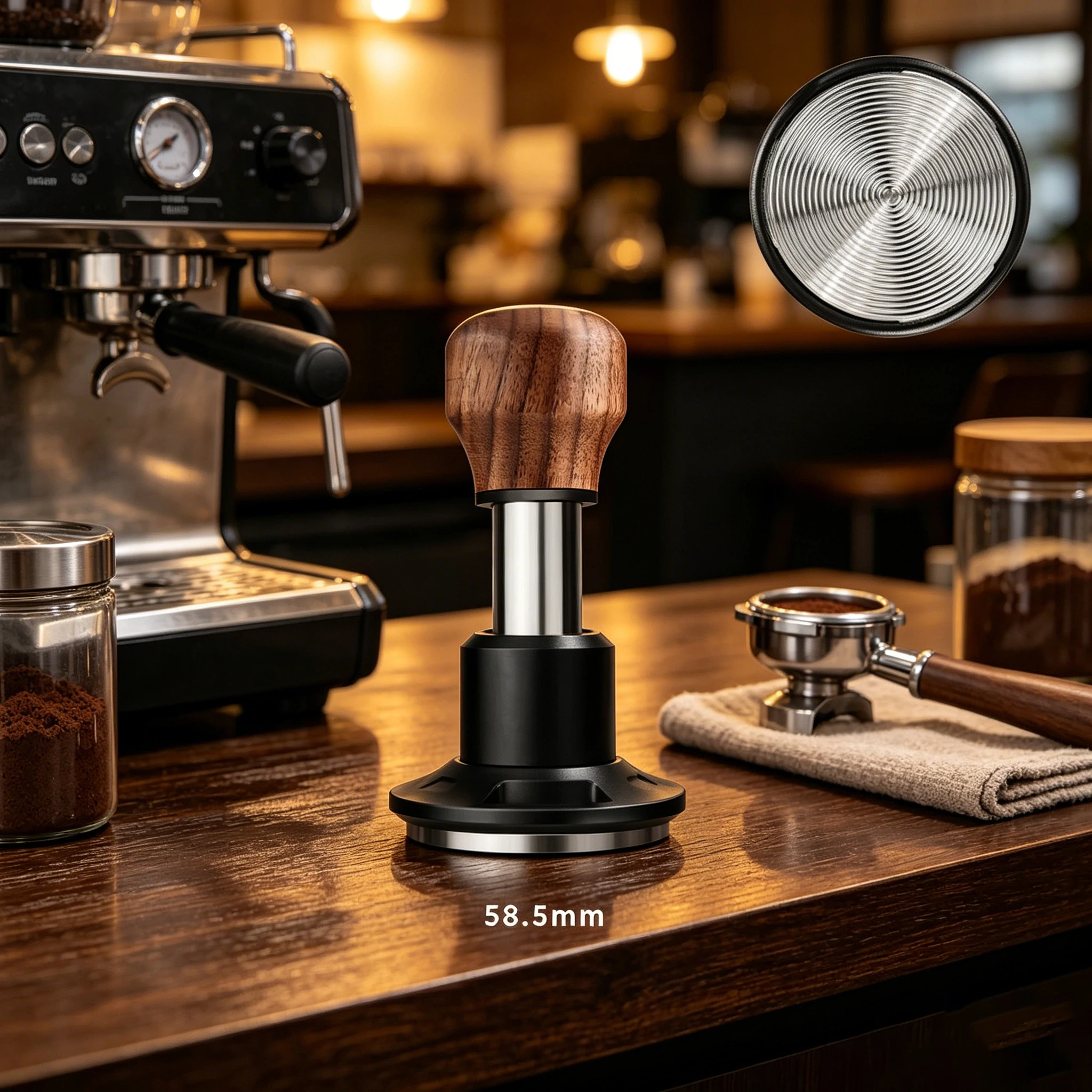 Walnut Wood Espresso Tamper: Spring Loaded With Ripple Base For Perfect Coffee Tamper Spring Loaded For Home Coffee