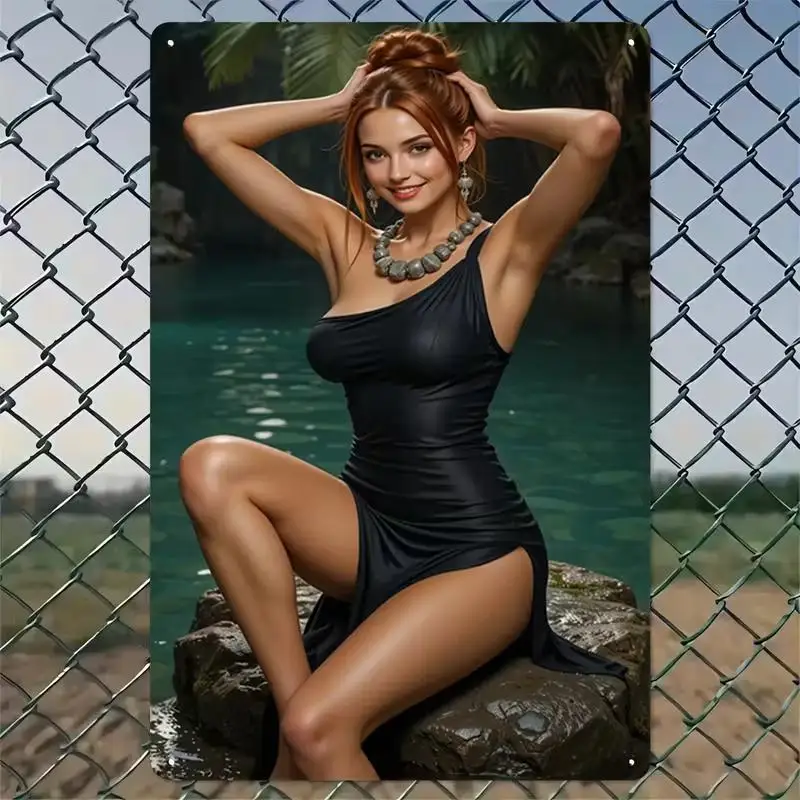 Retro Metal Tin Sign, Red-Haired Woman in Black One-Shoulder Dress Sitting on Rocks by Water, Vintage Tropical Wall Art Decor
