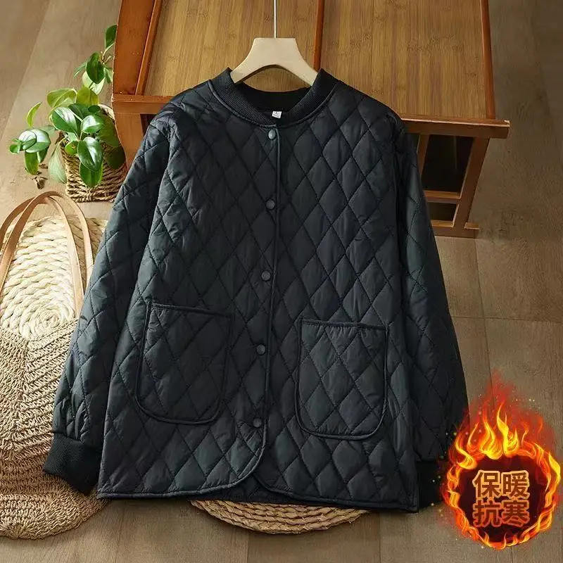 2025 Giacca in cotone leggero da donna Nuove giacche larghe a maniche lunghe con griglia di diamanti autunno inverno top casual solido da madre