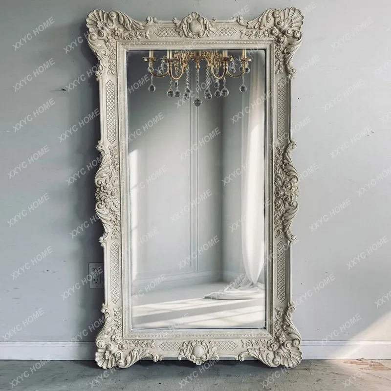 Q  high-end floor mirror,  retro carved light luxury full-body dressing mirror