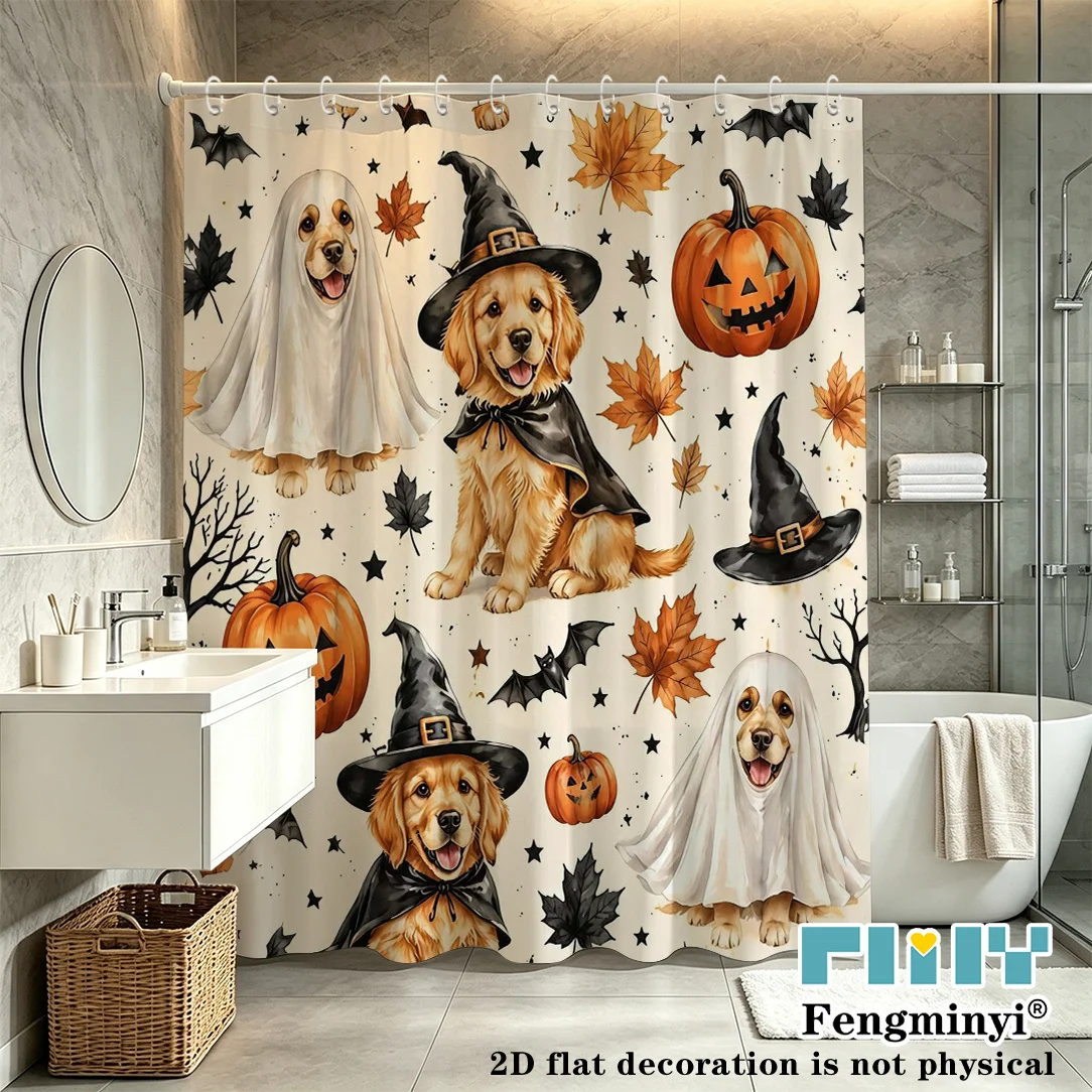 2D Flat, 2D Flat Shower Curtain 1pc, Halloween Dog Theme Shower Curtain, Featuring a Golden Retriever Wearing a Witch Hat and Co