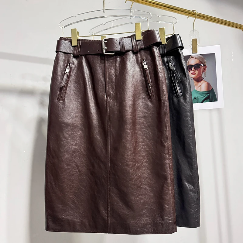 High Quality Black/Brown Leather Skirt for Women Real Sheepskin High Waist Pocket Zipper Fashion Slim Wrap Hip Midi Skirt Jupe