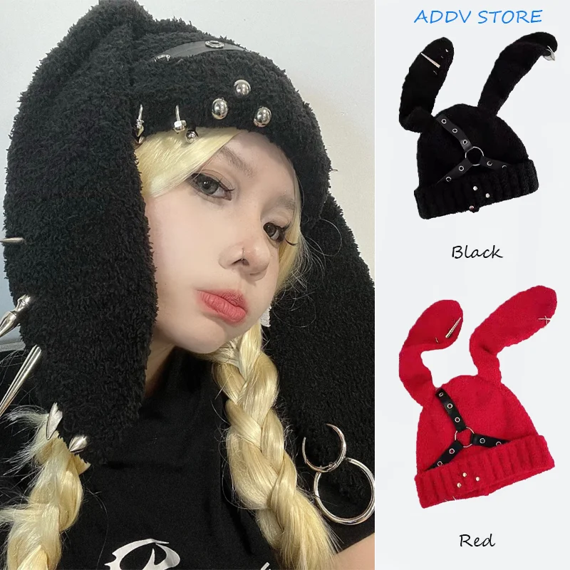 

Studded Easter Bunny Beanie: Autumn Winter Design with Rivets and Buckle for Y2K, Punk and Subculture Fashion