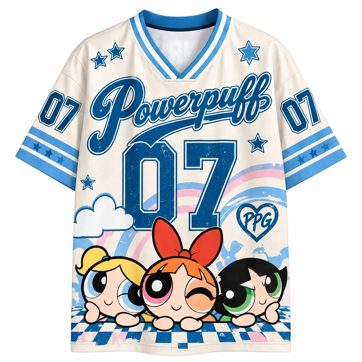 Powerpuff Girls Grafik-Trikot-Shirt für Erwachsene, Unisex, V-Ausschnitt, Cartoon-Streetwear, Y2K-Sportstil, lässiges Oberteil – Detail 4