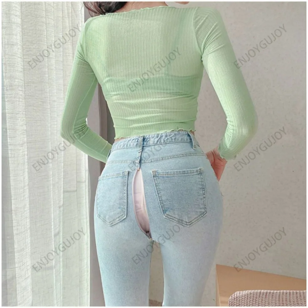 Invisible Open Crotch Denim Pencil Pants for Women, Slim Fit, Elastic Tight Pants, Light Blue Jeans, Outdoor Sex