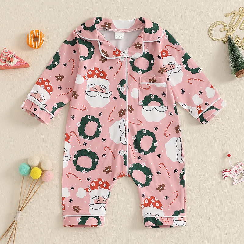 Kids Girls Christmas Pajamas Santa Claus Print Button Long Sleeves Jumpsuit for Loungewear Sleepwear