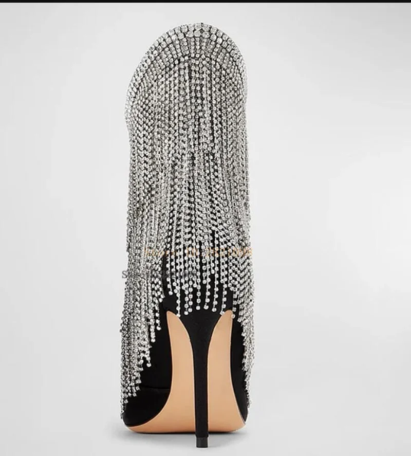 Pointed Toe Black Suede Fringe Booties Rhinestone Ankle Boots Stiletto Thin High Heeled Women Botas Mujer Ladies Shoes