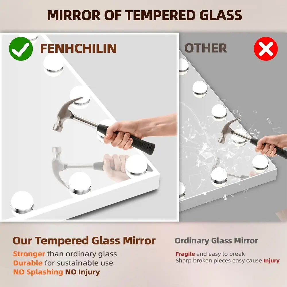 Bluetooth スピーカー付き照明付きバニティミラー、22.8x 18.1、調光可能な LED 15 個、USB ポート、3 つのカラーモード