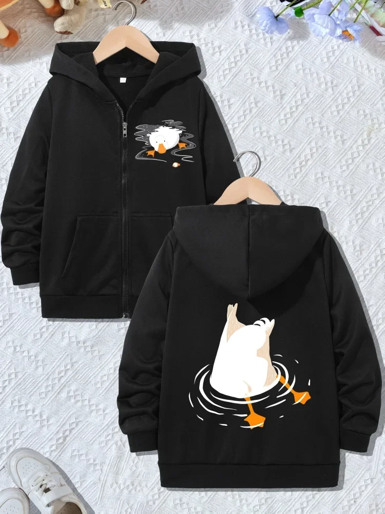 Kids Zip Up Hooded Jacket Funny Upside Down White Duck Water Ripple Graphic Long Sleeve Casual Outerwear For Boys Girls