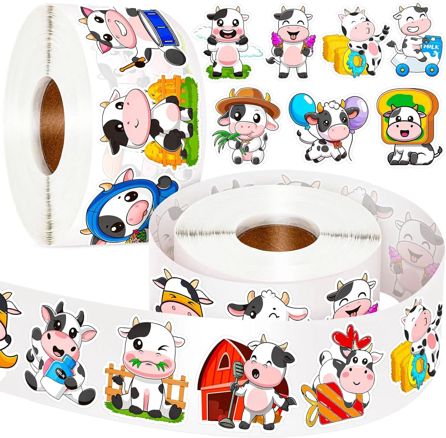 1000 Pcs Cute Cows Stickers for Kids 2 Roll Water Bottle Farm Sticker for Teacher Reward School Supplies Incentives Cow Party
