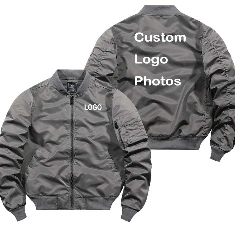 Custom Logo Design Bomber Jacket Men DIY Print Zipper Coat Windproof Thick Warm Jacket Unisex Military Jacket Flight Coat