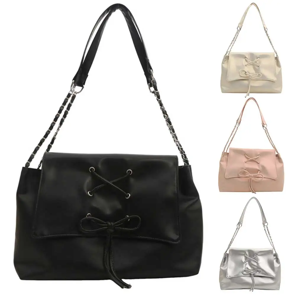 Women PU Leather Handbag Chain Strap Bow Flap Shoulder Bag Fashion Underarm Bag Large Capacity Chic Hobo Bag for Party Vacation