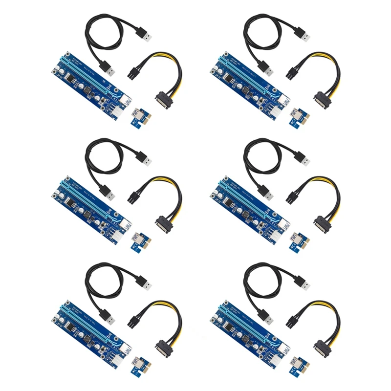 

6 упаковок PCI-E PCI Express Riser Card от 1X до 16X Sata до 6-контактного кабеля Molex USB3.0 Удлинитель питания для майнинга биткойнов