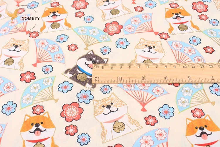 100% Cotton Printed Shiba Inu Fabric Japanese Style Bronzed Plain Weave Cloth For Sewing Kimono Bags Handmade DIY 145*50cm