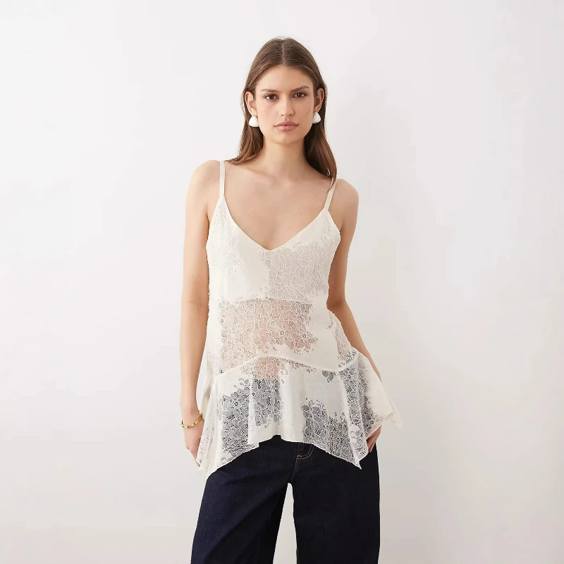 Cross Border Women's Wear 2026 Summer New Fashion Perspective Lace Strap Top for Women Irregular Ruffle Edge Fake Style Strap