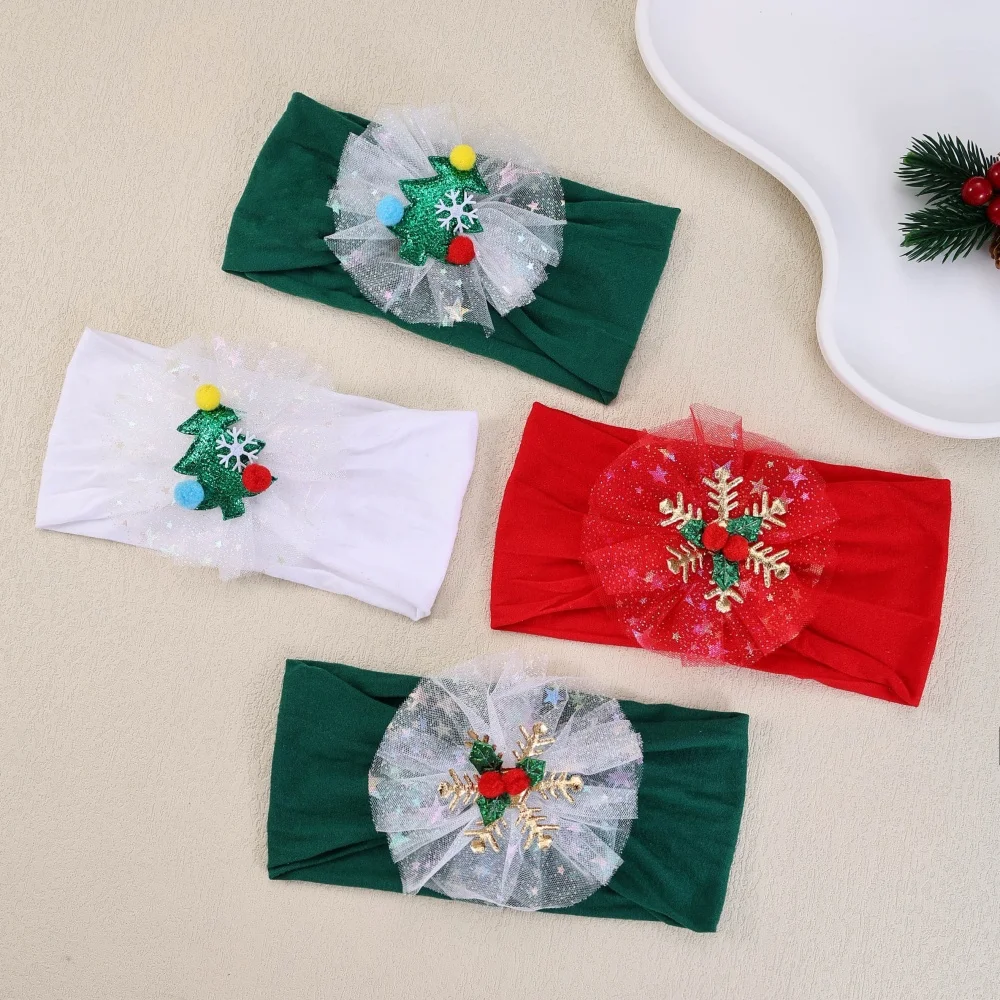 

Baby Girls Nylon Christmas Headbands Gauze Snowflake Christmas Tree Hairbands for Kids Girls Green Red Newborn Hair Accessories