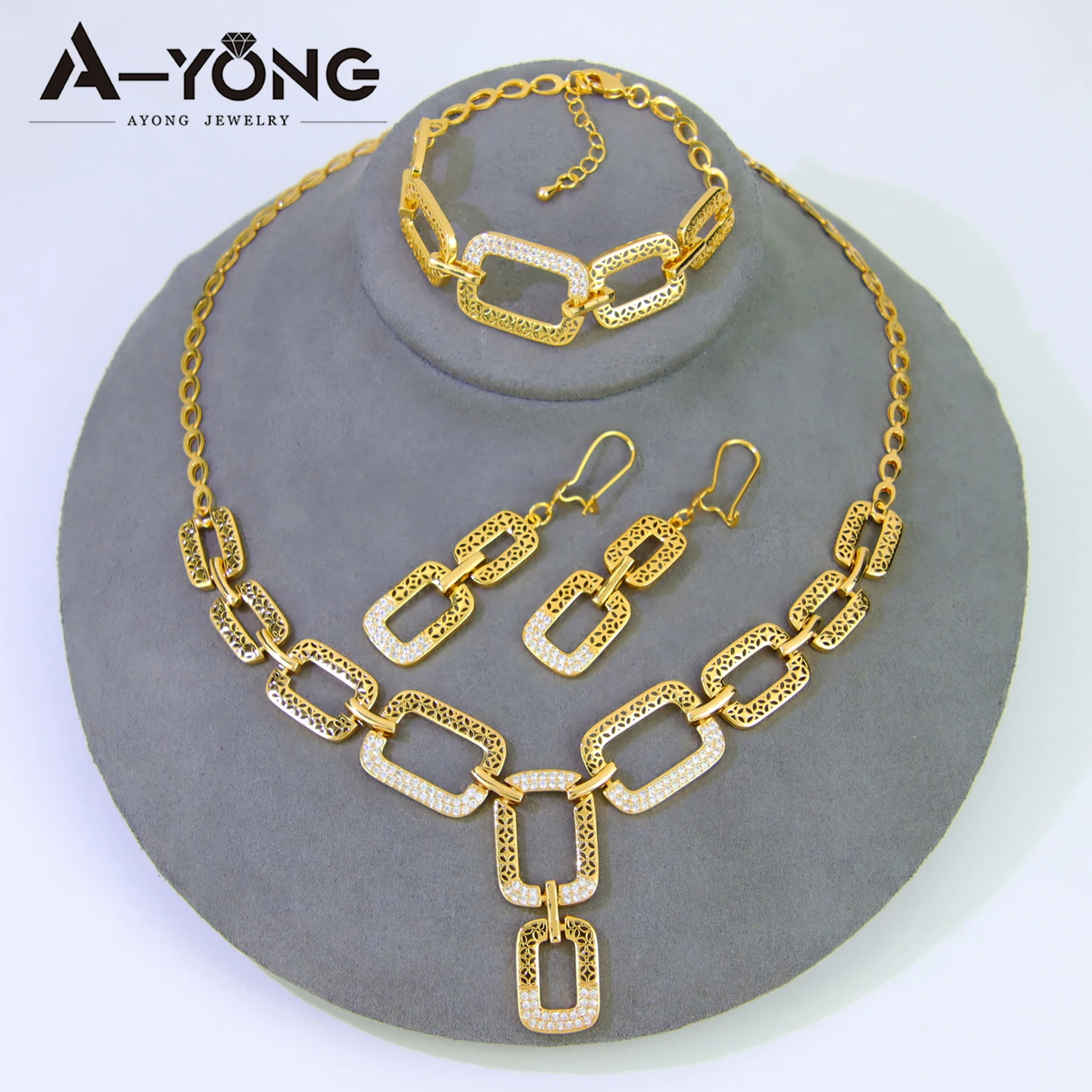 

Saudi Arabia Premium Wedding Jewelry Set 21k Gold Plated Mid East Hip-hop Necklace Bracelet Earrings Dubai Women Vintage Jewelry