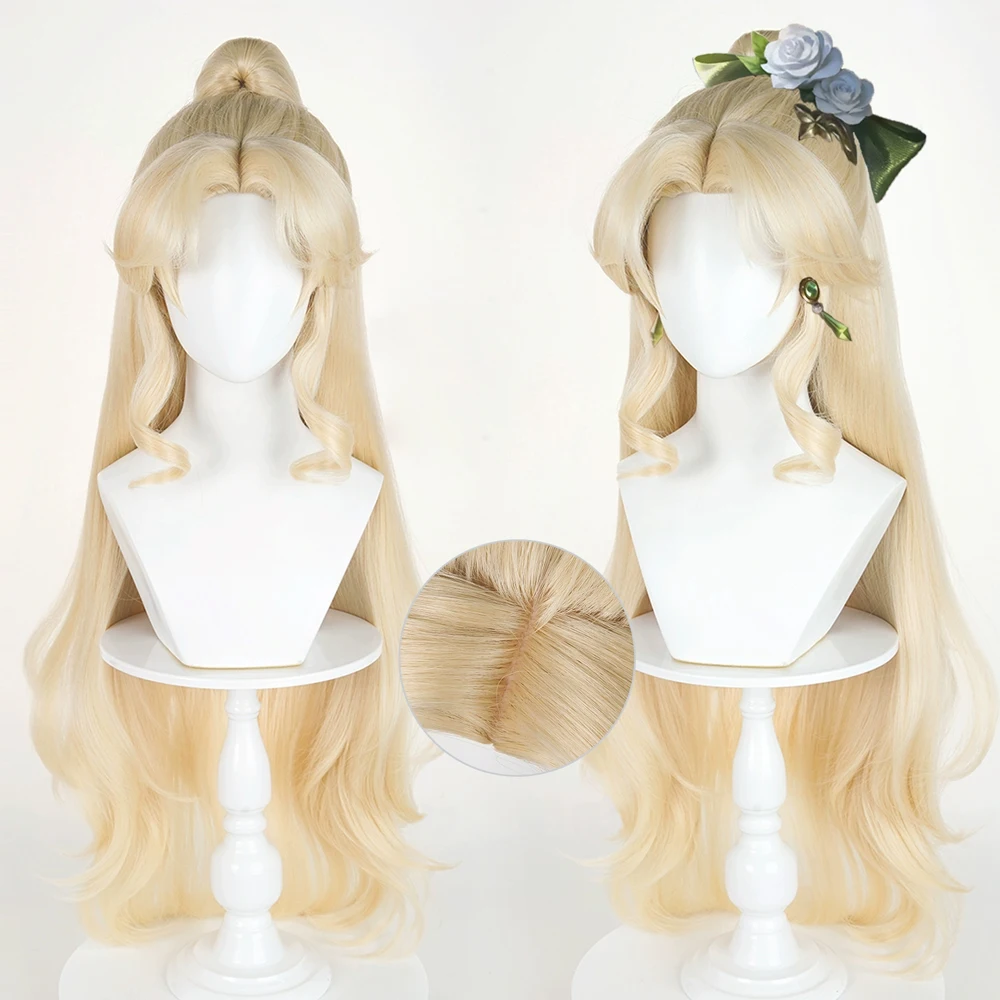 Blonde Synthetic Long Wavy Wigs Middle Part with Ponytail Clip Anime Game Cosplay Fluffy Wig for Daily Party