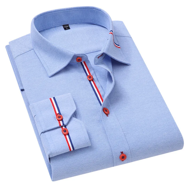 

Quality Men's Long Sleeve business Oxford Striped Casual Shirt Front Patch Button down Collar Thick male Work Slim Shirts top