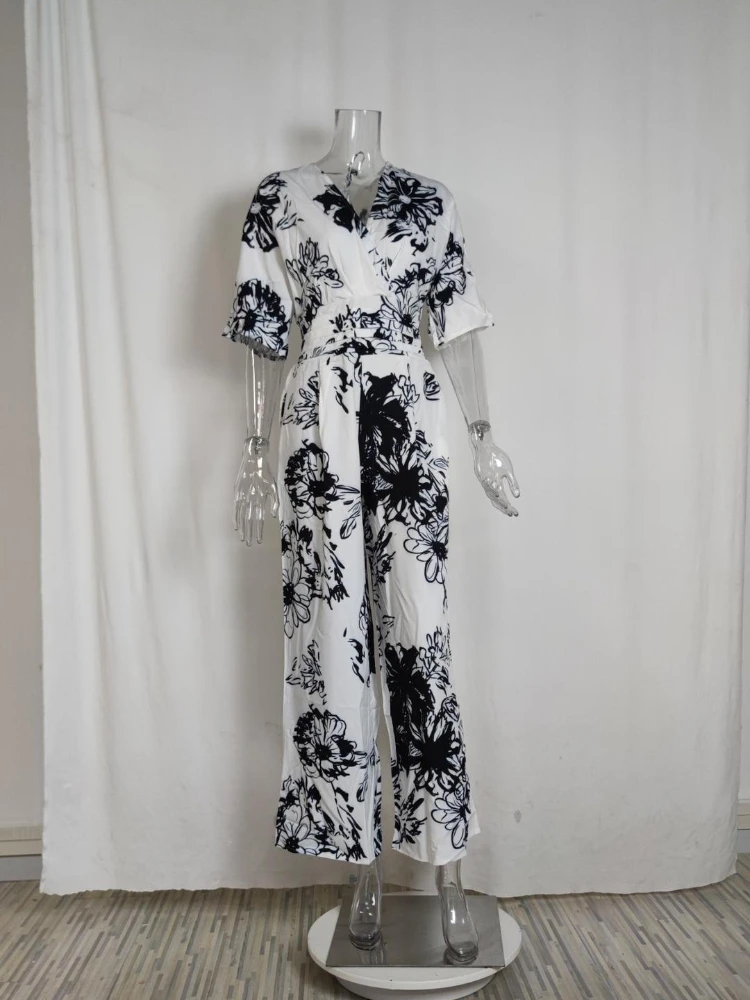 Jumpsuit Motif Elegan Fashion Celana Lebar Pinggang Tinggi Leher-v Lengan Pendek Musim Semi Musim Panas Jumpsuit Liburan Kasual untuk Wanita