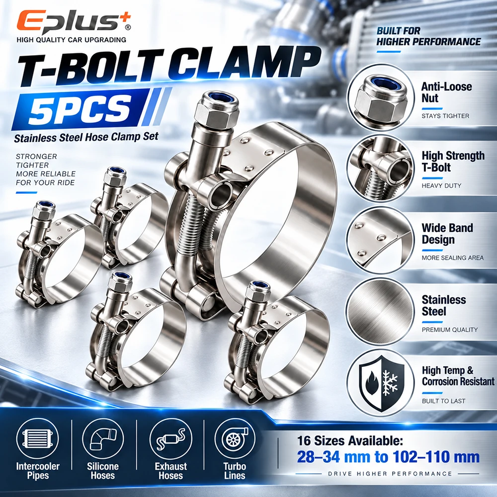 5 Stück Edelstahl Europäische Hochleistungs-Schlauchschellen Universelle T-Bolzen-Schellen 28-110mm Verstellbar für Auto, Motorrad & Industrielle Rohre – Detail 5