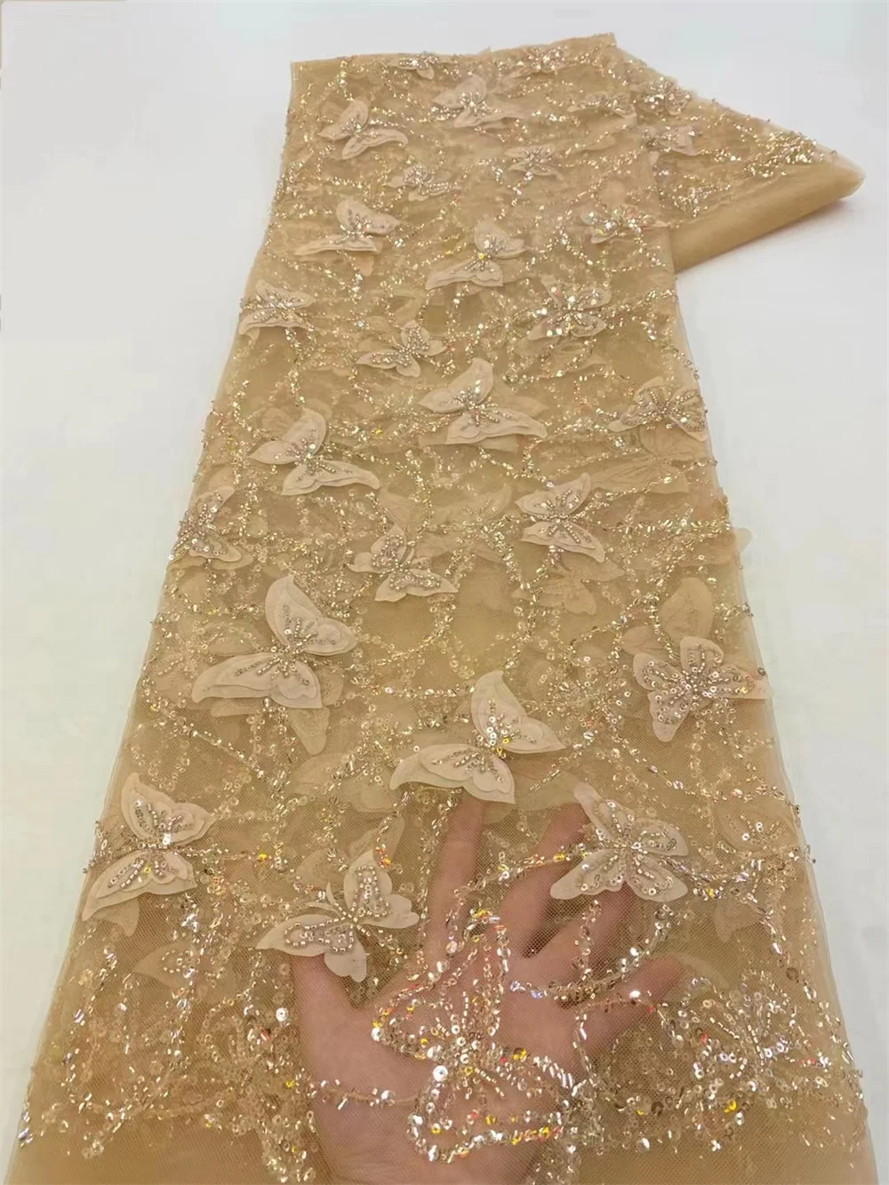 African Heavy Beaded Lace Fabric 2024 High Quality 5 Yards Nigerian Sequins Tulle 3D Fabric Material For Wedding