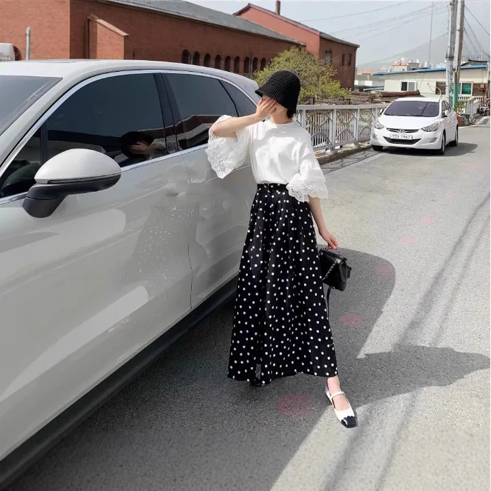 Lotte Summer Loose Fit Slimming Fashion Versatile Polka Dot Midi Skirt Women's Skirt