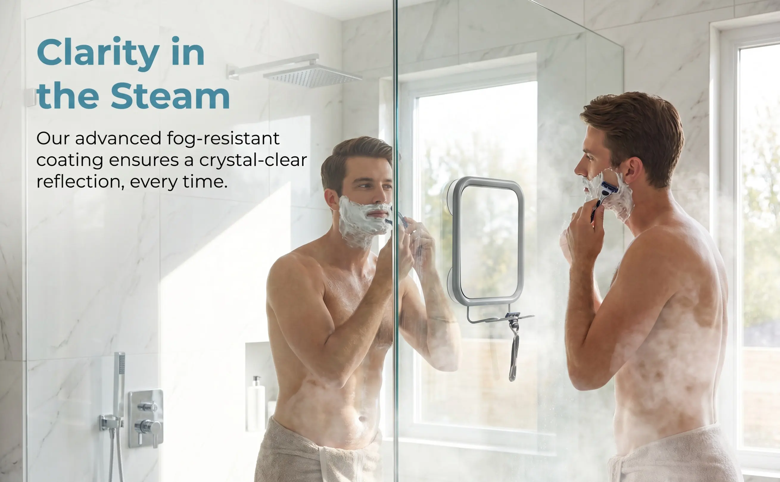 Anti Fog Shower Mirror with 4 Industrial Suction Cups High Definition Vanity Mirror for Bathroom Cloakroom Studio Porch No Drill