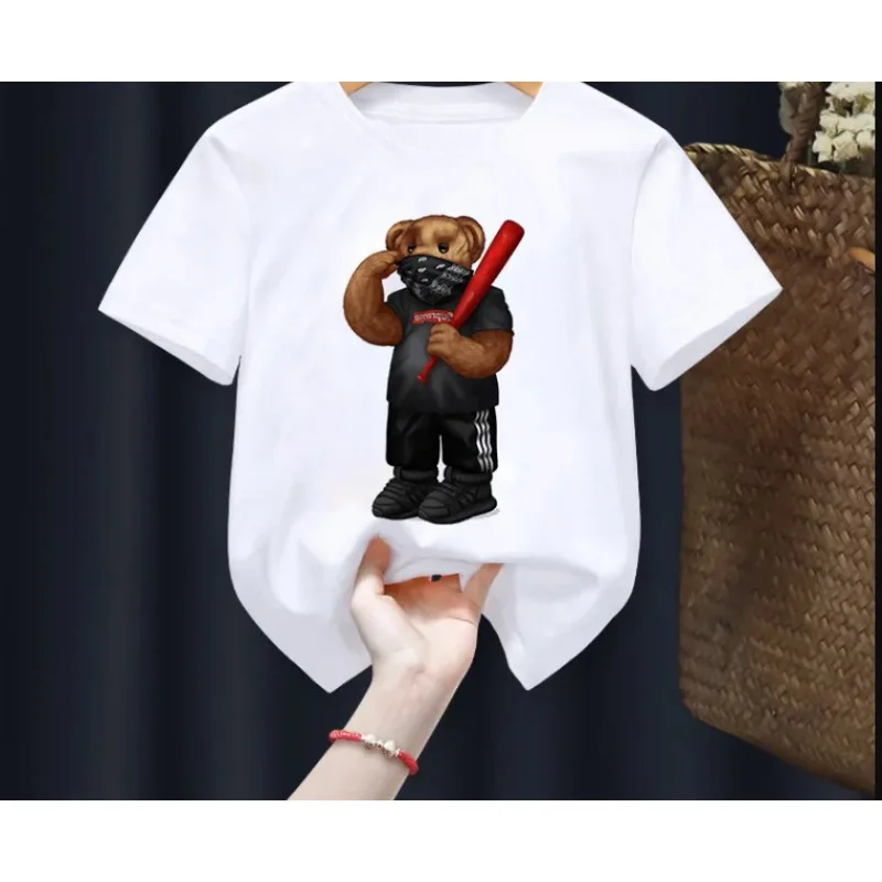 T-shirt manches courtes pour enfants, blanc, petit ours, animal, t-shirts pour filles et garçons, décontracté, football en peluche, mignon, été, nouveau