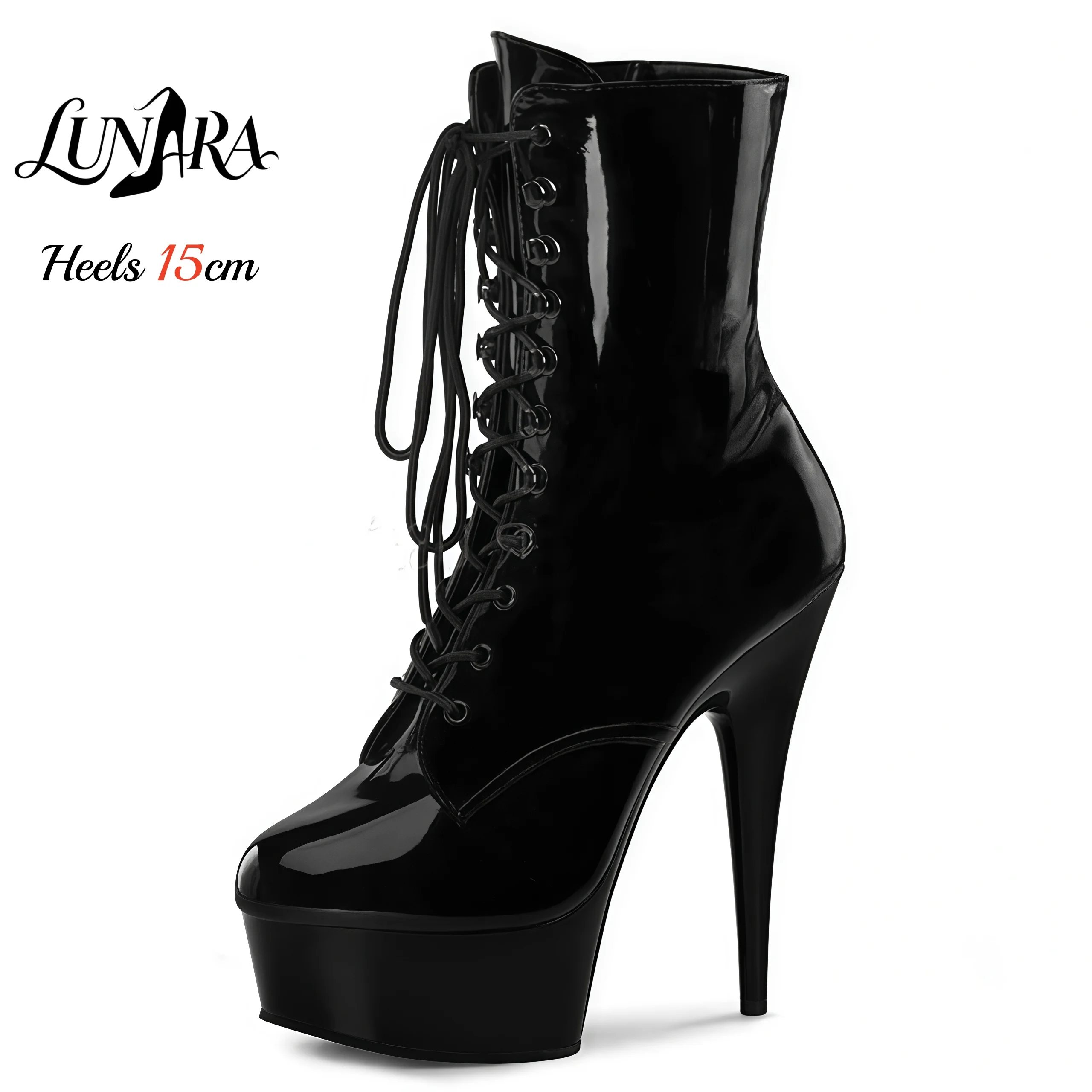 

15cm/6Inch Black Patent Platform High Heel Ankle Boots Lace-Up Side Zipper Non-slip Sexy Pole Dance Nightclub Ladies Rave Party