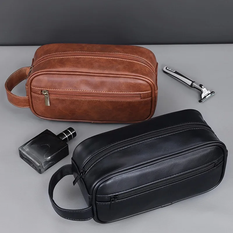 

Men Retro PU Leather Wash Bag Travel Business Trips Portable Cosmetic Bag Large Capacity Design Handheld Waterproof Wash Bag