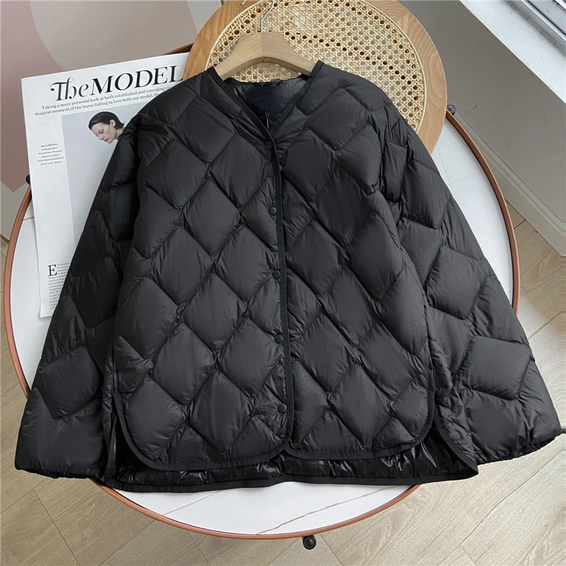 2023 New Autumn Winter Ultra Light Collarless Soft Puffer Jacket Women Casual Loose Single Breasted 90% Duck Down Coat female