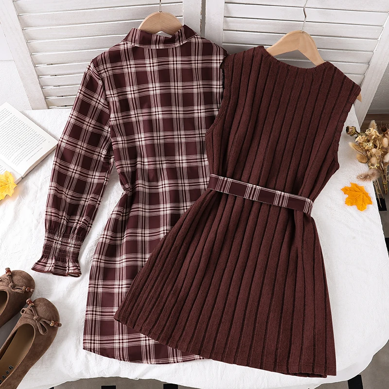 8‑12 Years Old Girls Casual Spring Autumn Set Plaid Dress Matched Knit Vest With Waist Sash For Daily Outdoor Wearing