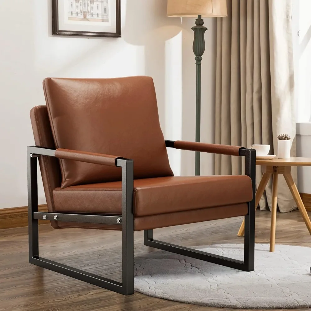 Modern Faux Leather Accent Chair Armchair with Extra-Thick Padded Backrest and Metal Frame for Living Room