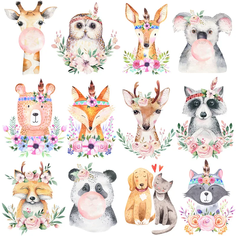 5 types Cartoon animal giraffe raccoon fox DTF Thermo Sticker Decals Heat Transfer Clothes Clothing Crafts Ironing Diy Accessory