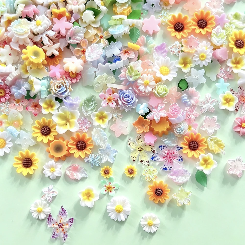 50Pcs 3D Mixed Colorful Flower Nail Charms Random Sunflower Daisy Sakura Plumeria Nails Art Decorations DIY Manicure Accessories