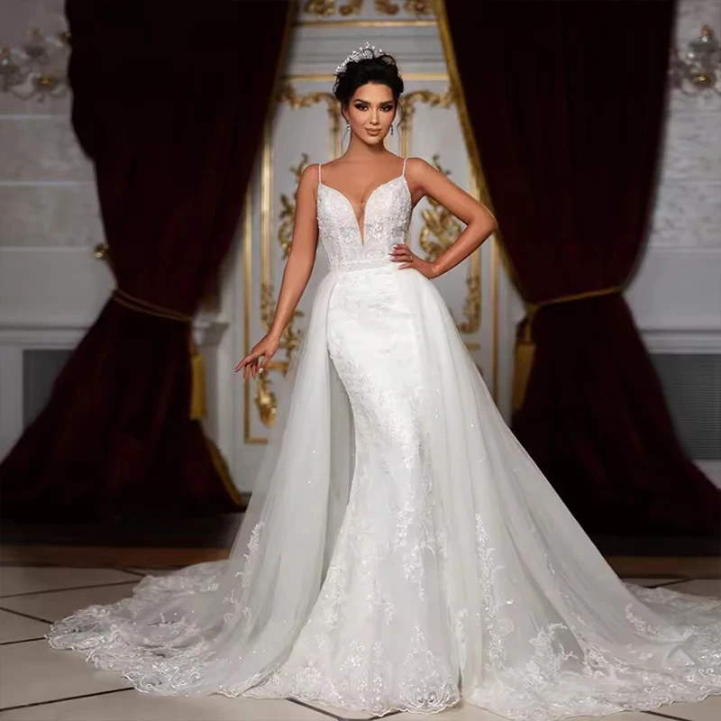 Luxury Detachable Train Wedding Dress Organza With Embroidery Sheath Mermaid Ball Gown Sleeveless V-Neck Customized Backless