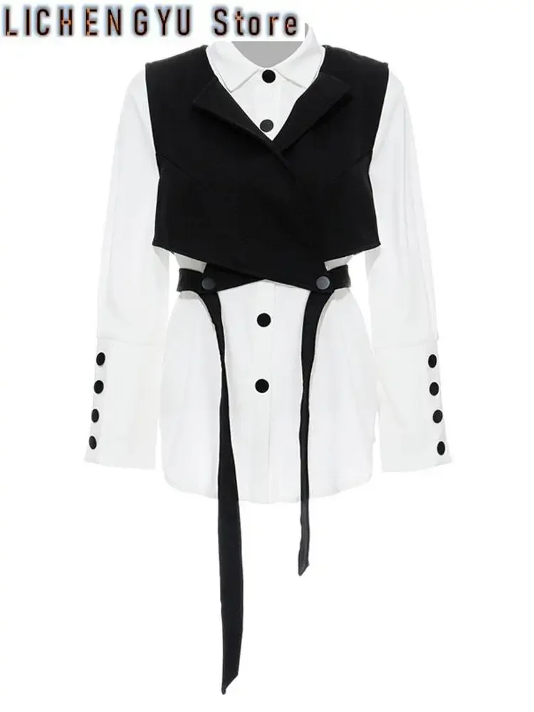 

Women Black Bandage Vest Two Piece Blouse New Lapel Long Sleeve Loose Fit Shirt Fashion Tide Spring Autumn