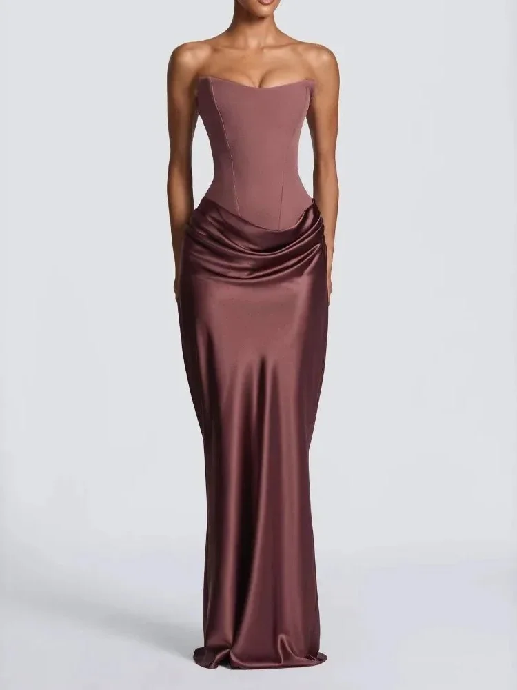 Slim and Sexy Long Dress, Backless and Shoulder Less,strapless, Hip Hugging, High Waisted, Lace Up, Sleeveless Brown Satin Dress