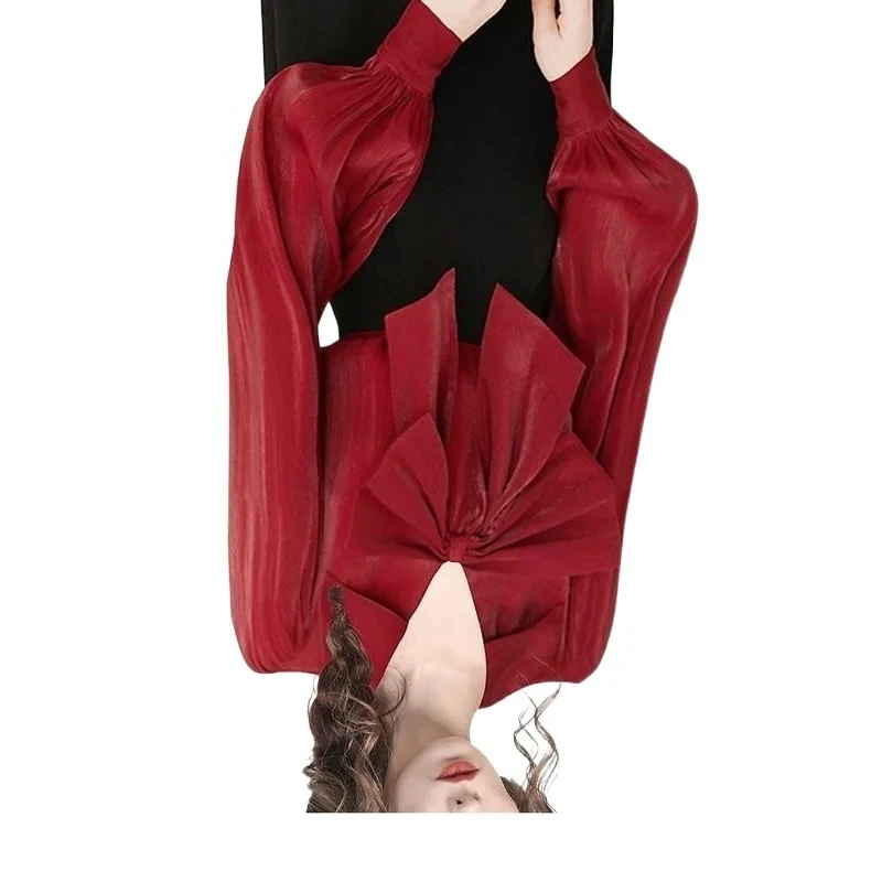 

European Spring Autumn Lantern Sleeves Satin Bow Chiffon Shirt Top Female Princess Style Design Shirt Chic Temperament Commuting