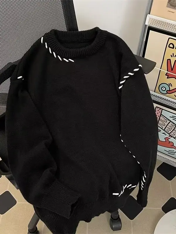 

Мужской свободный вязаный свитер в американском стиле, модный, с длинным рукавом, V-образным вырезом, из смесовой шерсти, удобный, дышащий, осенний