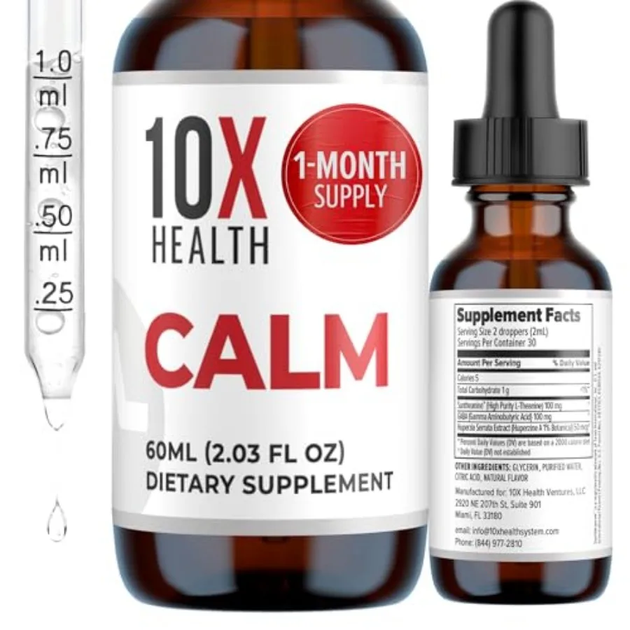 10X Health Calm L Theanine Supplement Liquid Drops - 100mg L'Theanine Drops and 100mg GABA Supplements to Support Nerves Calm a