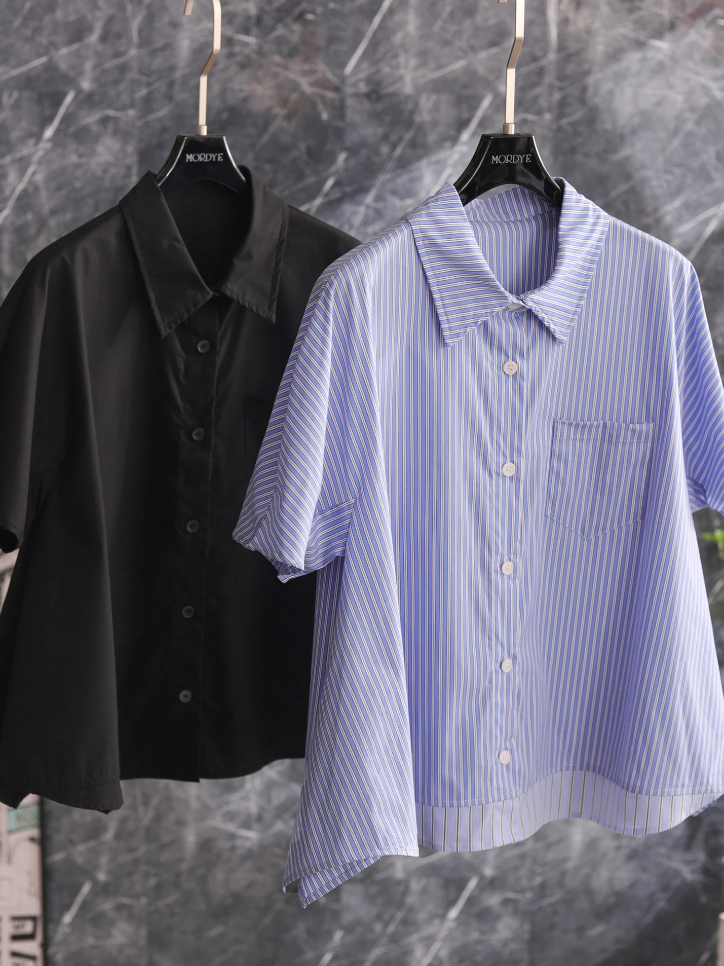 

Cotton Shirt Women's Short Sleeve Striped Blue White Checkered Bloomer Hemline 3D Tailoring Breathable Summer Top