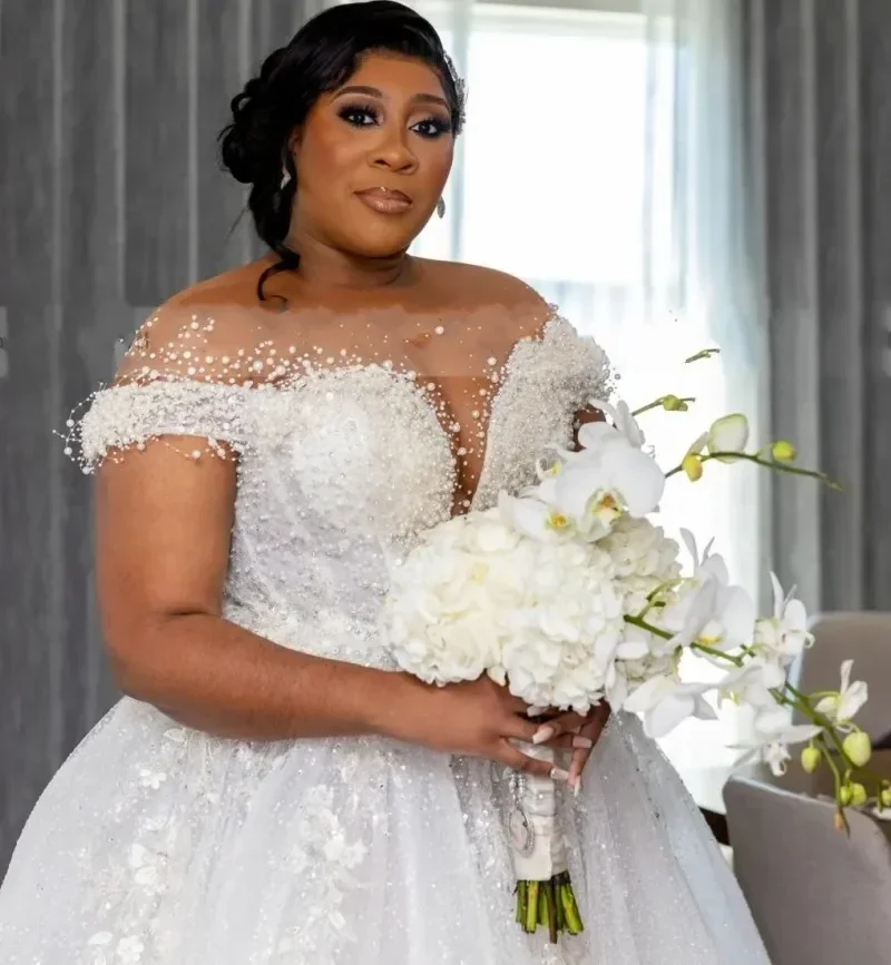 Customized Luxury Sexy Wedding Dresses  Bride Sheer Neck Lace Up Back Beading Sequins Pearls Plus Size Women Africa Bridal Gowns