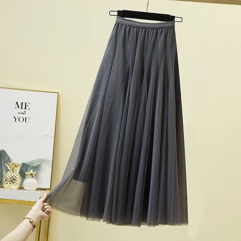 plus Size Women's High Waist Mesh Skirt Long Style Korean Style Commute Pure Color Big Size Clothes for Heavy Sister