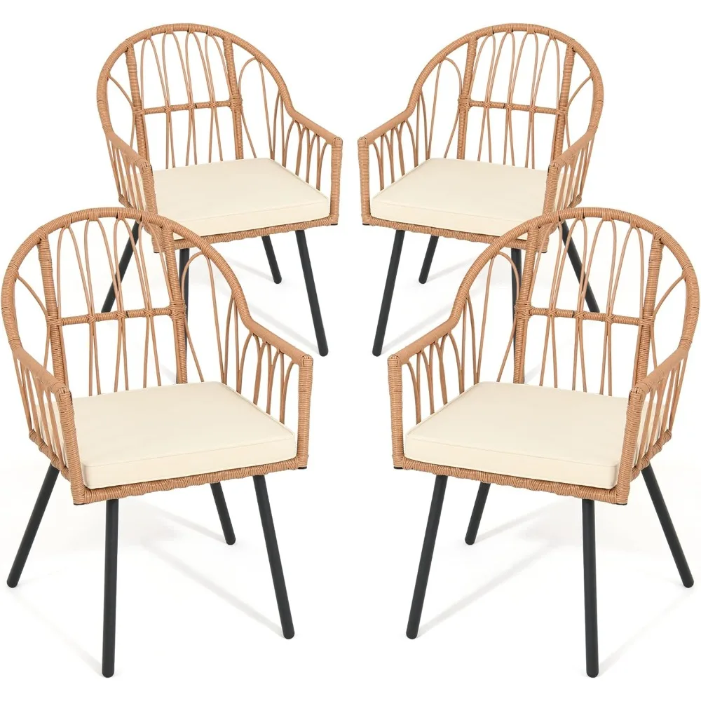 

4 Pieces Rattan Wicker Dinning Chairs, Outdoor Indoor Patio Furniture Set with Cushion and Curved Back All Weather Bistro Chair
