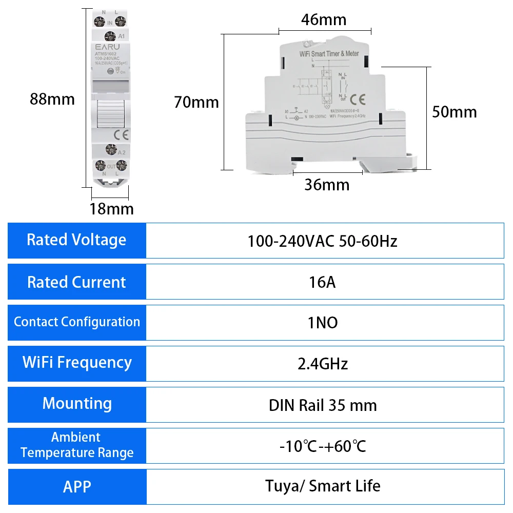 AC 110V 220V 16A Din Rail WIFI / Zigbee Smart Timer Relay Switch Breaker Remote Control by Tuya APP KWH Energy Power Meter