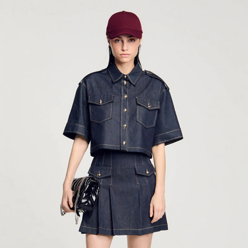 

Deep Blue Denim Shirt Style Top Women's Retro Early Autumn New Arrival Cotton 100% Short Sleeve Button Design OL Style