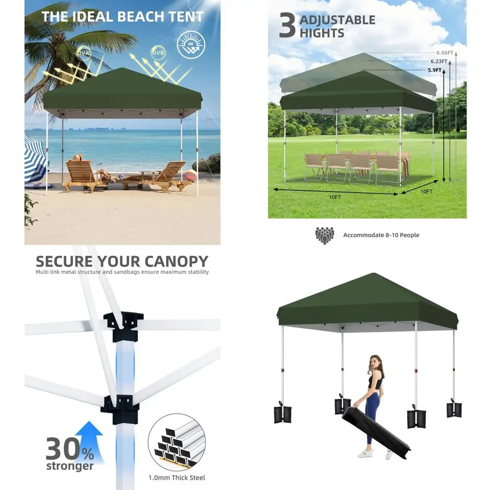 

Quick-Setup 10x10 Heavy-Duty Outdoor Canopy with Portable Bag, 3 Height Options, 4 Weights, 8 Stakes, 4 Ropes, Green