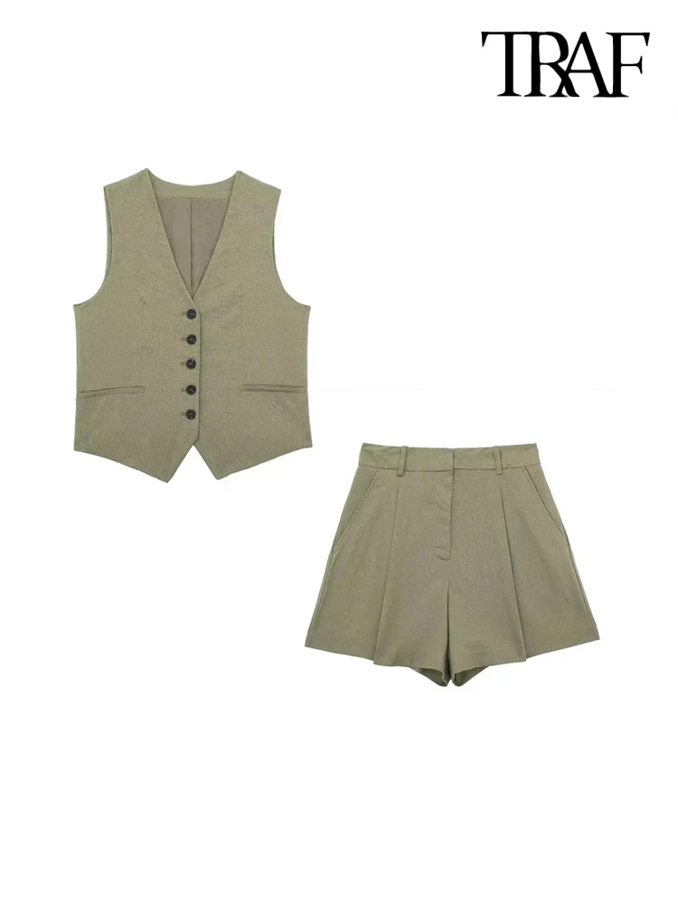 TRAF-Women's Front Button Linen Waistcoat and High Waist Bermuda Shorts, Female Two Piece Sets, Fashion